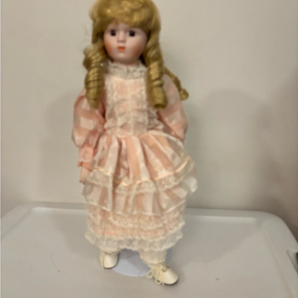 Classic Porcelain Doll with Peach Dress-Heritage LTD
